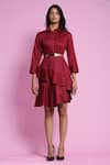 Escape By Aishwarya_Maroon Cotton Satin Shirt Collar Circular Diagonal Drape Dress _at_Aza_Fashions