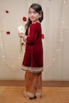 Shop_Tiny Colour_Maroon Velvet, Maheshwari, Silk Lace, Embroidery Kurta And Printed Pant Set _Online_at_Aza_Fashions