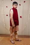 Shop_TINY COLOUR_Maroon Bundi Velvet Printed Block Kurta Set _Online_at_Aza_Fashions