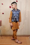 Tiny Colour_Blue Silk, Cotton Embroidery Block Print Kurta Set With Bundi _Online_at_Aza_Fashions