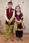 Tiny Colour Clothing_Wine Kurta- Mashru Silk Block Velvet Bundi And Set _Online_at_Aza_Fashions