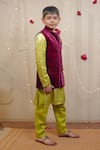 Tiny Colour Clothing_Wine Kurta- Mashru Silk Block Velvet Bundi And Set _at_Aza_Fashions