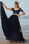 Buy_Monk & Mei_Blue Lehenga And Blouse Velvet Embroidered Sequin Sweetheart Neck Set _Online_at_Aza_Fashions