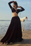 Monk & Mei_Wine Lehenga And Blouse Velvet Embroidered Sequin V Neck Flared Set _Online_at_Aza_Fashions