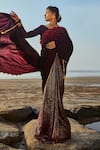 Buy_Monk & Mei_Wine Blouse Velvet Embroidered Sequin V Neck Pre- Draped Saree With_Online_at_Aza_Fashions