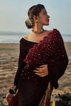 Monk & Mei_Wine Blouse Velvet Embroidered Sequin V Neck Pre- Draped Saree With_at_Aza_Fashions