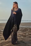 Monk & Mei_Blue Blouse Velvet Embroidered Sequin U Neck Pre- Draped Saree With_Online_at_Aza_Fashions