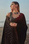 Shop_Monk & Mei_Wine Blouse Velvet Embroidered Sequin U Neck Pre- Draped Saree With_at_Aza_Fashions