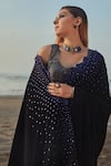 Buy_Monk & Mei_Blue Blouse Velvet Embroidered Sequin U Neck Pre- Draped Saree With_Online_at_Aza_Fashions