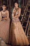 Silky Bindra_Beige Shantoon, Tulle Net Sweetheart Neck Embellished Lehenga Set _Online_at_Aza_Fashions