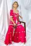 Buy_Maiti Shahani_Pink Viscose Dupion Embroidered Resham Work V Neck Jacket Sharara Set _at_Aza_Fashions