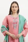 Vrinda by Pundrik Dubey_Pink Kurta And Dupatta Chanderi Silk Notched Embroidered Straight Set _Online_at_Aza_Fashions