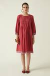 Buy_Payal Pratap_Maroon Cotton Handloom Round Crimini Smocked Dress  _at_Aza_Fashions