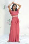 Shop_Taavare_Pink Georgette V Neck Embroidered Kurta And Palazzo Set _at_Aza_Fashions