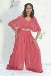 Taavare_Pink Georgette V Neck Embroidered Kurta And Palazzo Set _Online_at_Aza_Fashions