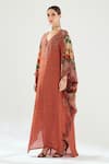 Buy_Rajdeep Ranawat_Orange Silk Floral V Neck Verusha Kaftan  _Online_at_Aza_Fashions