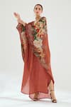 Shop_Rajdeep Ranawat_Orange Silk Floral V Neck Verusha Kaftan  _Online_at_Aza_Fashions