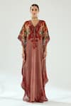 Rajdeep Ranawat_Orange Silk Floral V Neck Elenor Kaftan  _Online_at_Aza_Fashions