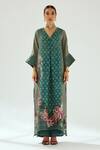 Rajdeep Ranawat_Green Silk Printed Geometric V Neck Banera Kimono Tunic _Online_at_Aza_Fashions