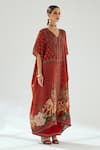 Buy_Rajdeep Ranawat_Orange Silk Floral V Neck Majida Kaftan Tunic _Online_at_Aza_Fashions