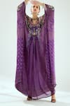 Rajdeep Ranawat_Purple Silk Printed Geometric V Neck Imama Jewelled Waist Kaftan  _Online_at_Aza_Fashions