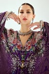 Shop_Rajdeep Ranawat_Purple Silk Printed Geometric V Neck Imama Jewelled Waist Kaftan  _Online_at_Aza_Fashions