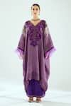 Rajdeep Ranawat_Purple Silk Floral V Neck Olivia Kaftan Tunic  _Online_at_Aza_Fashions