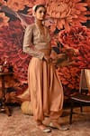 Moledro_Peach Jacket Banarasi Brocade Embroidered Beads V Collar Ina And Harem Pant Set _Online_at_Aza_Fashions