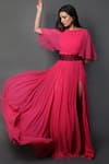 Shop_Swatee Singh_Fuchsia Georgette Solid Bateau Neck Slit Gown _Online_at_Aza_Fashions