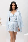 Shop_Dawn And Dusk_Blue Satin Printed Houndstooth Blazer Milky Gaze Shorts Set _Online_at_Aza_Fashions