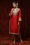 Shop Shikhar Sharma Red Silk Chanderi Embroidered Pearl V Neck Kurta Pant Set Online at Aza Fashions Shop_Shikhar Sharma_Red Silk Chanderi Embroidered Pearl V Neck Kurta Pant Set _Online_at_Aza_Fashions