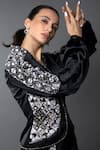 Shop_Anjum Qureshi_Black Satin Hand Embroidered Sequin V Neck Blazer Playsuit _Online_at_Aza_Fashions