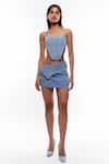 Buy_Deme by Gabriella_Blue Denim Blazer Lapel Collar And Corset Straight & Short Skirt Set _Online_at_Aza_Fashions