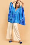 Shop_Label Ivish_Blue Silk V-neck Kimono Jacket And Trouser Set With Belt _Online_at_Aza_Fashions