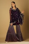 Shop_Monk & Mei_Purple Kurta Velvet Embroidered Floral Zari Work U Neck Cyra Sharara Set _Online_at_Aza_Fashions