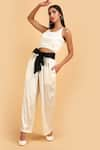 Shop_LABEL IVISH_Off White Pure Silk Charmeuse Satin Top And Trouser Set With Sash Belt  _Online_at_Aza_Fashions