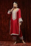 Shop Shikhar Sharma Red Silk Chanderi Embroidered Pearl Round Full Sleeve Kurta Pant Set Online at Aza Fashions Shop_Shikhar Sharma_Red Silk Chanderi Embroidered Pearl Round Full Sleeve Kurta Pant Set _Online_at_Aza_Fashions