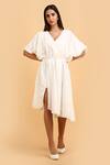 Shop_Label Ivish_Off White Silk, Velvet V-neck Asymmetric Gathered Dress _Online_at_Aza_Fashions