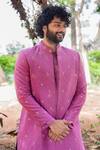 Shop_Hilo Design_Purple Dupion Silk Embroidery Checkered Sherwani Set _Online_at_Aza_Fashions