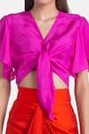 431-88 By Shweta Kapur_Fuchsia Silk V-neck Tie-up Crop Top _Online_at_Aza_Fashions
