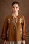 Shop_Nikasha_Brown Cotton, Silk, Rayon Embroidery, Beads Applique Top And Baggy Pant Set _Online_at_Aza_Fashions