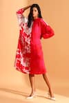 Shop_Moh India_Magenta Cupro Printed Floral Round High Neck Colorblock Tunic _Online_at_Aza_Fashions