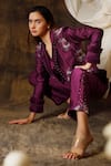 Shop_Eclat By Prerika Jalan_Wine Silk Chanderi Embroidered Pearls Cape  Spread Hand Jacket And Pant Set _Online_at_Aza_Fashions