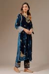 Shop_Anantaa by Roohi_Blue Velvet Embroidered Floral Notched Placed Kurta _Online_at_Aza_Fashions