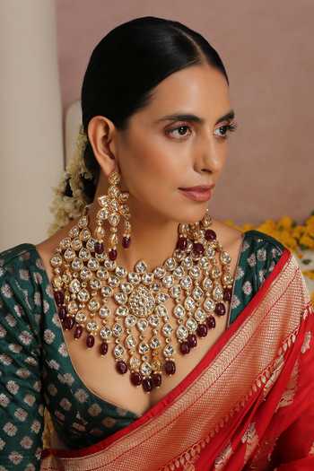 Shop_Swabhimann_Red Diamonds, Pearls Kundan Embellished Long Necklace Set _Online_at_Aza_Fashions