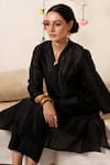 Shop_Marche_Black Kurta  Chanderi V Neck A-line And Pant Set _Online_at_Aza_Fashions