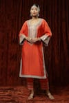 Shop_Shikhar Sharma_Orange Silk Chanderi Embroidered Pearl Round Kurta Pant Set _Online_at_Aza_Fashions