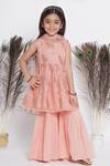 Shop_Little Bansi_Peach Cotton, Net, Lurex Sequins Embroidered Kurta Sharara Set 