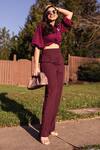 Buy_B'Infinite_Purple Crepe Sequin Spread Collar Puff Sleeves Top And Trousers Set_Online_at_Aza_Fashions
