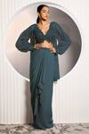 Shop_Jade By Ashima_Blue Organza, Crepe Embroidery, Tassels, Floral Blouse And Draped Skirt Set _Online_at_Aza_Fashions